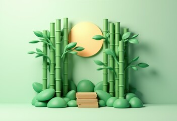 Aufkleber - 3D rendering of a minimalist bamboo forest with a wooden platform.