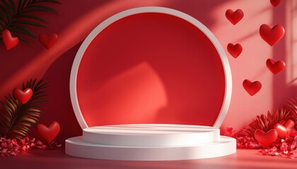 Poster - Empty White Podium On Red Background For Product Presentation Mock Up. 3d Rendering For Valentine'S Day Sale Advertising Template.