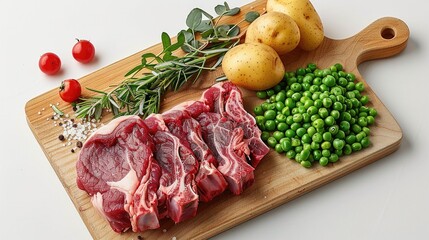 Poster - Raw lamb meat, two potatoes, a small pile of green peas, and some rose hips on chopping board, white background.