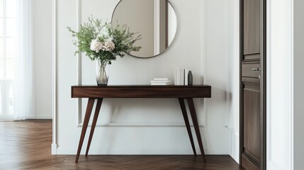 Poster - A chic, contemporary hallway with dark wooden floors and a narrow console table with a vase of fresh flowers. A round mirror hangs above, while the large 