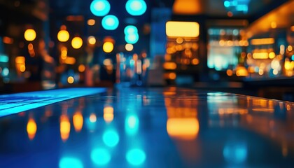 Poster - Neon Blue Illumination Creating A Modern Ambiance With Selective Focus On The Restaurant Nightclub Table Board. A Contemporary Atmosphere.