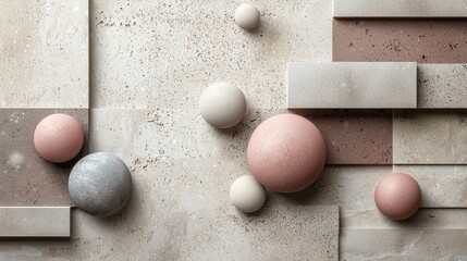 Poster - Intricate geometric forms coexist in a tranquil arrangement, showcasing soft pastel hues and varied textures on a seamless backdrop. This composition evokes a sense of calm and balance