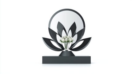 Poster - A contemporary hallway with sleek dark wooden floors, featuring a narrow console table with a vase of fresh flowers, a round mirror above, and a large, clean white wall. The design is minimalistic