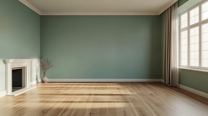 Poster - A cozy living room interior with an empty wall mockup painted in sage green, featuring a minimalist fireplace, modern decor elements, and wooden flooring, perfect for 3D render room templates.