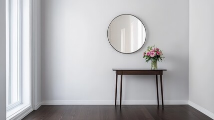 Poster - A modern hallway with dark wooden floors and minimalistic decor. A narrow console table, a vase of fresh flowers, and a round mirror are set against a large, clean white wall