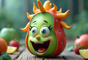 Poster - A funny cartoon fruit with a big smile and orange hair.