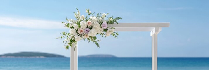 Romantic Beach Wedding Arch with Floral Decor - A beautifully decorated wedding arch adorned with soft flowers against a serene beach backdrop, perfect for romantic ceremonies.