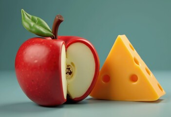 Poster - A red apple cut in half next to a slice of yellow cheese.