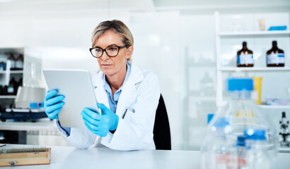 Sticker - Mature woman, scientist and tablet with gloves for medical research, discovery or results at laboratory. Female person, healthcare worker or biologist with technology for health development at lab