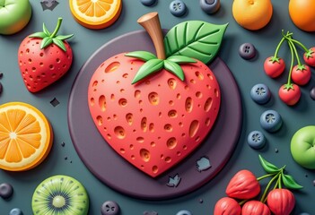 Aufkleber - A 3D illustration of a strawberry with a green leaf on a purple plate surrounded by other fruits.