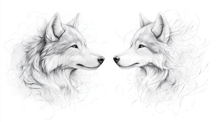  A beautifully detailed sketch of two majestic wolves, showcasing their elegant features and expressive eyes, perfect for wildlife art lovers.