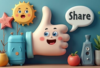 Aufkleber - A 3D cartoon thumbs up with a happy face, saying 'Share' in a speech bubble.