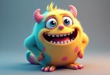 A cheerful, fuzzy, yellow monster with pink spots and horns is smiling widely.
