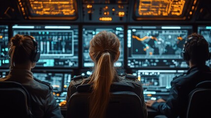 Poster - Operators monitoring data on multiple screens in control room 