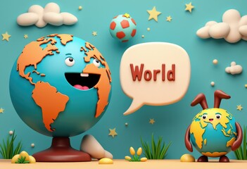 Aufkleber - Two cartoon Earth globes, one standing, one walking, say 'World' on a blue background.