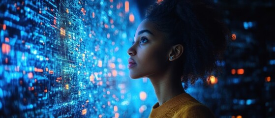 Poster - A woman gazes at a digital interface, immersed in technology 