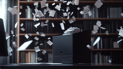 Poster - A minimalist black shredder on a desk with swirling flying papers and dynamic lighting.
