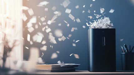 Poster - A minimalist black shredder on a desk with swirling flying papers and dynamic lighting.