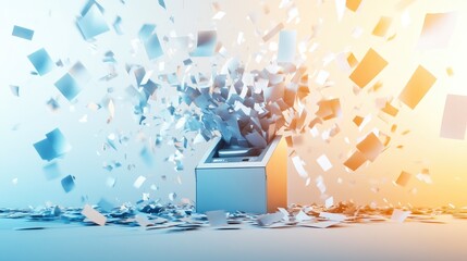 Poster - Abstract setup of a shredder surrounded by dynamic flying papers on a plain white background.
