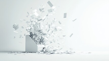 Poster - Abstract setup of a shredder surrounded by dynamic flying papers on a plain white background.