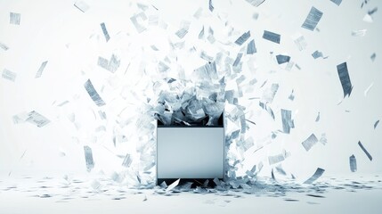 Poster - Abstract setup of a shredder surrounded by dynamic flying papers on a plain white background.