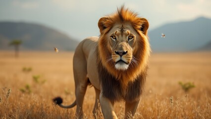 Poster - A lion walking through a field of tall grass