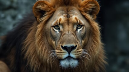 Poster -  A close up of a lion's face with blue eyes