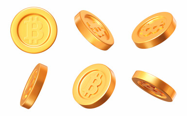 Wall Mural - 3d set of bitcoin gold coins in different angles. a symbol of gold and wealth. stock vector illustra