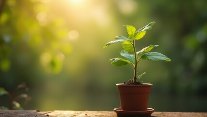 Wall Mural - A small plant in a pot on a wooden table