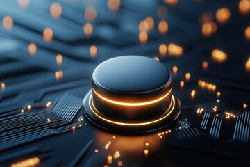 Poster - Circuit board with glowing button and lights showcases modern technology and design