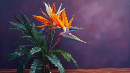 Sticker - A painting of a bird of paradise flower in a vase on a table