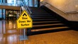© nitnicha - A warning sign indicating a slippery surface on stairs, urging caution for pedestrians.