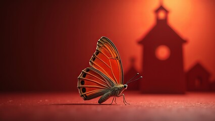 Wall Mural - A butterfly sitting on the ground in front of a red house