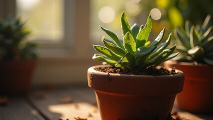 Wall Mural - A small green plant in a brown pot on a wooden table