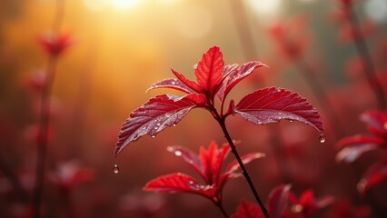 Poster - A red leaf with water droplets on it in front of the sun