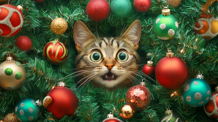 Wall Mural - Cat exploring Christmas tree decorations during the holiday