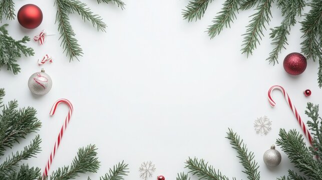 A clean vector design of evergreen branches adorned with candy canes, ornaments, and ribbons, forming a decorative border on a white background