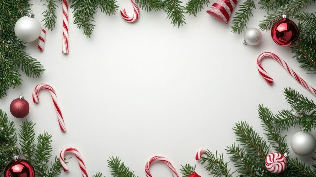 A clean vector design of evergreen branches adorned with candy canes, ornaments, and ribbons, forming a decorative border on a white background