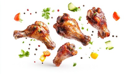 Aufkleber - Delicious BBQ chicken drumsticks with spices and herbs flying surrounded by fresh vegetables on a white background