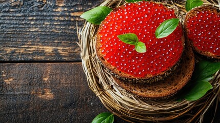 Aufkleber - Red caviar on brown bread garnished with green leaves in a rustic straw basket on a wooden table setting