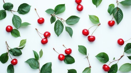 Aufkleber - Red cherries with vibrant green leaves arranged artistically on a light background showcasing a fresh and natural aesthetic.