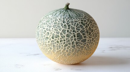 Poster - Ripe cantaloupe with textured skin displayed on a clean white background showcasing its natural beauty and freshness