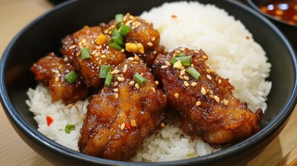 Aufkleber - Stir Fried Crispy Pork with Chili Sauce Served Over Steamed Rice in a Bowl Garnished with Chopped Green Onions and Sesame Seeds