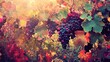 © CryptoCanvas - Vibrant Ripe Grapes Hanging Among Autumn Leaves in Bordeaux Vineyard with Warm Light Effects