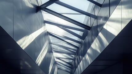 Poster - Modern architectural design featuring roof windows integrated with aluminum sheeting creating dynamic light in an interior space.
