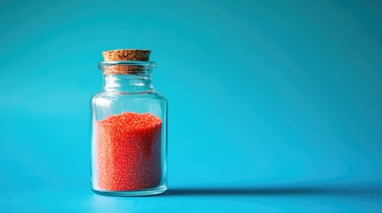 Poster - Red sand in a glass bottle with cork stopper on turquoise background creating a vibrant decorative element for design projects