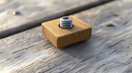 Poster - Wooden block with metal screw on a weathered wooden surface showcasing craftsmanship and design elements in product photography
