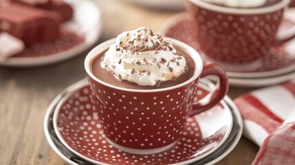 Poster - Cozy retro mug filled with hot chocolate topped with whipped cream on plates creating a warm inviting atmosphere for winter gatherings