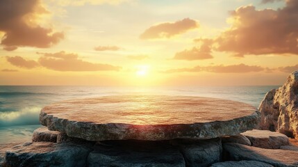 Aufkleber - Rock stone platform by the seaside at sunset with calm waves and colorful sky ideal for product display and promotional backgrounds