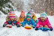 © AiArtVision - a group of children riding sleds down a snow covered slope in the snow with snow falling on them